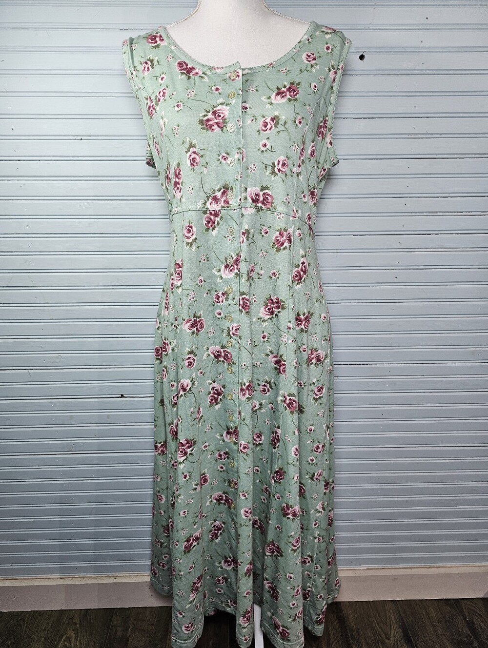 Erika Studios Vintage Green Pink Floral Cottagecore Sleeveless Maxi Dress Size L